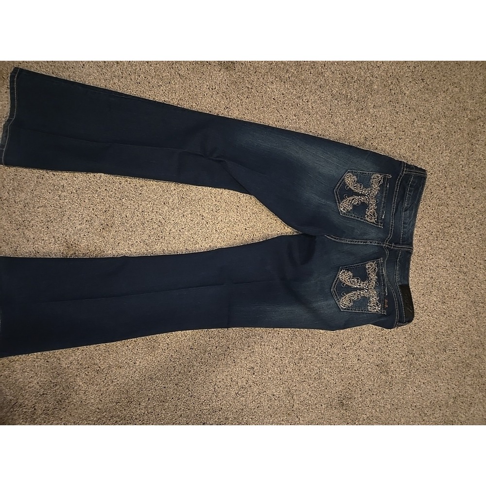 Women's Seven7 BLING Boot Flare Wide Leg Jeans Stretchy Size 10 Dark Wash Y2k - Picture 6 of 9